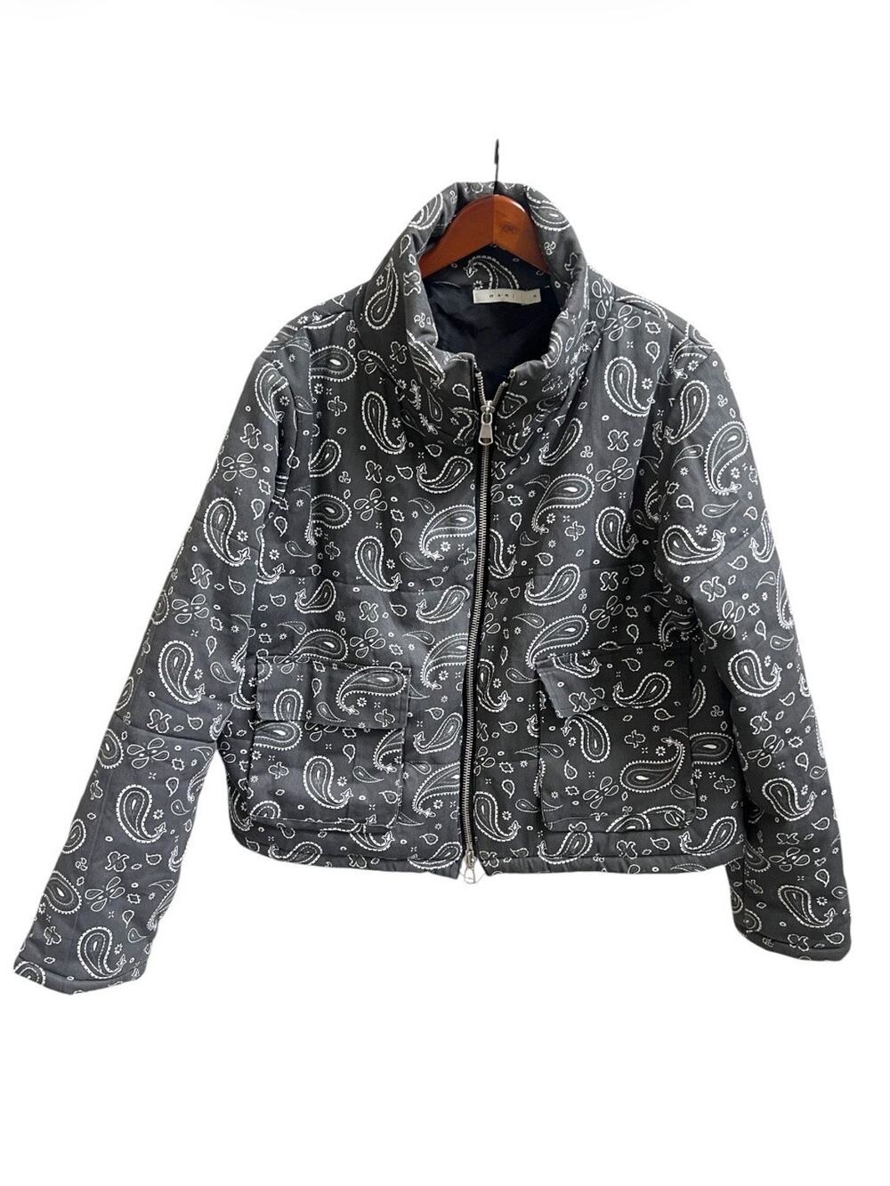 MNML Men's Bomber Gray Bandanna 100% Cotton Jacket Sz M Quilted Pockets Full Zip